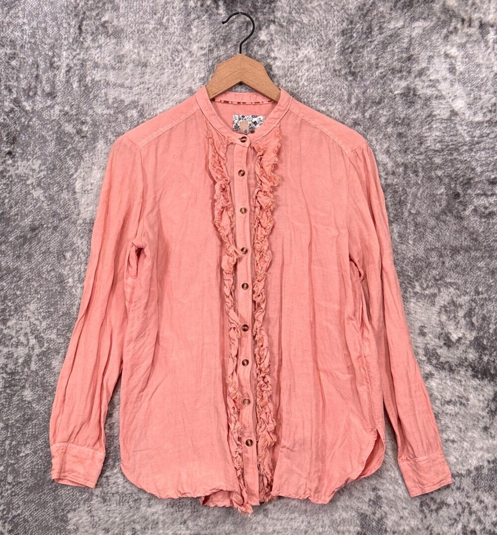 Anthropologie Top Small Womens Pilcro Pink Linen Ruffle Button Up Shirt